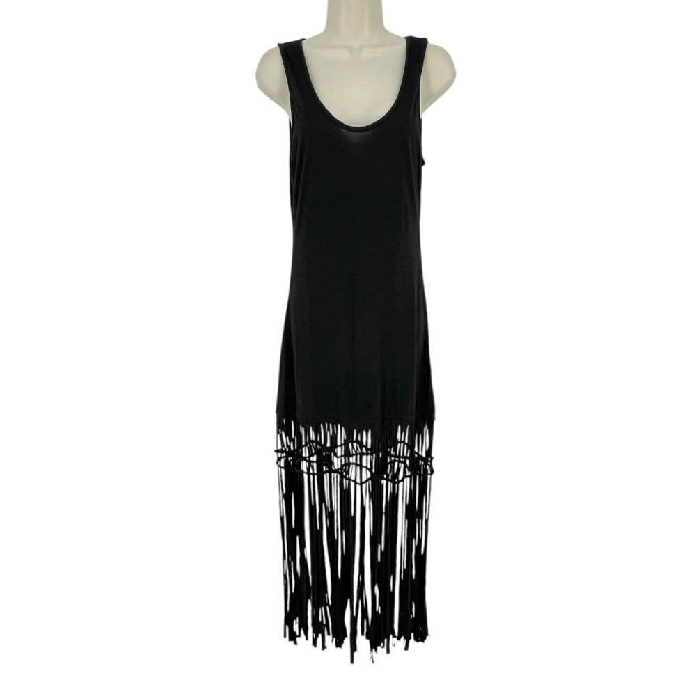 Uniq Women's Maxi Dress Black Fringe Sleeveless Long Stretch‎ Knit Beach Size S